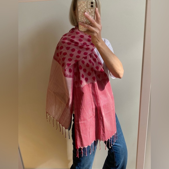 Red cotton striped mix pattern hand knotted scarf - Picture 1 of 16